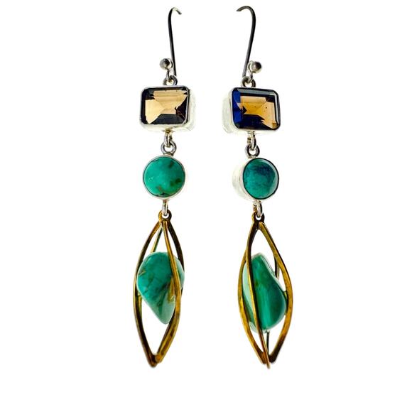 Natural Turquoise Smokey Quartz Dangle Earrings Sterling Silver Brass Cage - Picture 2 of 9